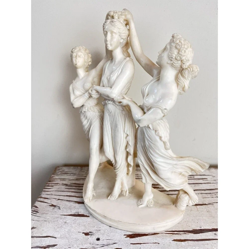 Vintage Neoclassical Sculpture ‘The Three Graces’ Stone Resin Art Repro 11”x 9”